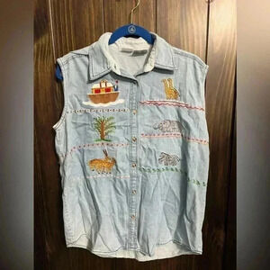 Vintage Denim Animal Embroidered sleeveless shirt Size:XL